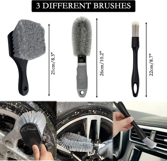 5PCS Car Wheel Cleaning Kit, Motorcycle or Bicycle Tire Brush Washing Tool Kit: Tyre Brush, Rim Brush, Detailing Brush, Washing/Drying Towel, Protective Gloves