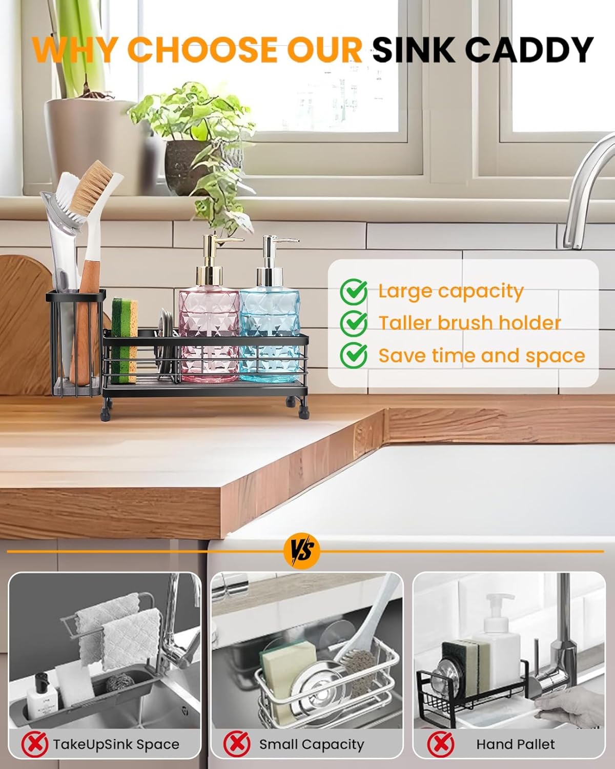 Kitchen Sink Caddy with Water Absorbent Diatomite Stone Sink Tray, Fast Drying Sink Organizer with High Dish Brush Holder Sponge Holder for Kitchen Sink, Stainless Steel
