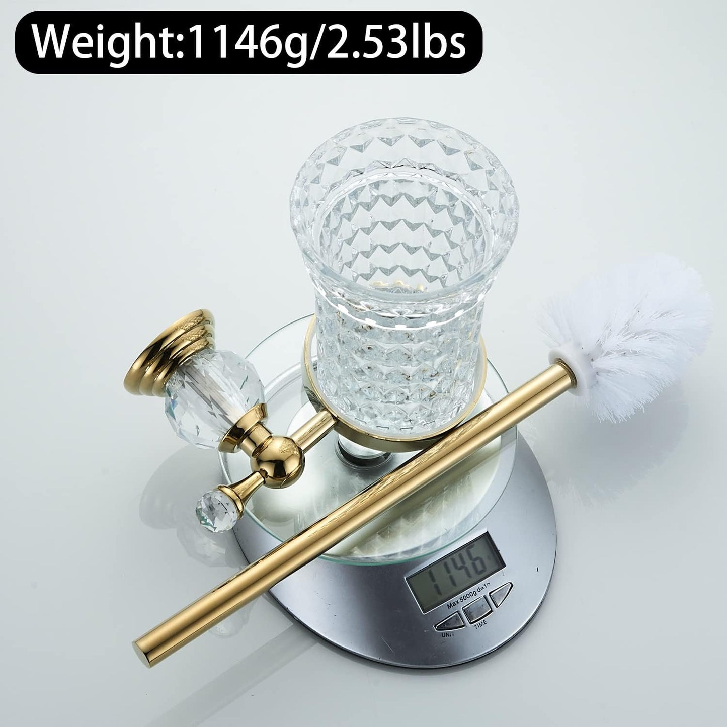 WOLIBEER Crystal Toilet Brush Holder, Polished Gold Brush Handle with Replaceable Brush Head, Stainless Steel Bathroom Cleaning Set Wall Mounted