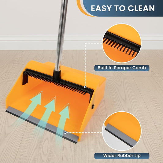 REEWII Large Commercial Dustpan with Comb,Long Handle Upright Heavy Duty Dust Pan Outdoor Indoor for Courtyards, Garages, Lobbies, Shopping Malls, Market Floors, Sidewalks, Classroom Floor Cleaning