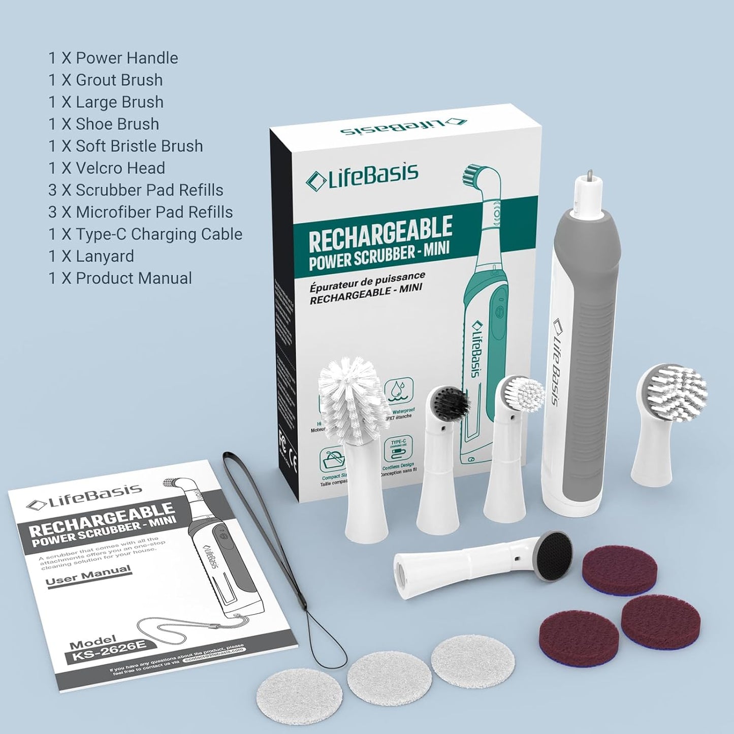 LifeBasis Rechargeable Power Scrubber, Cordless Electric Cleaning Brush, Water Resistant Small Electric Grout Brush with 5 Brushes for Home/Kitchen/Bathroom/Grout/Tile/Shower/Tub, White