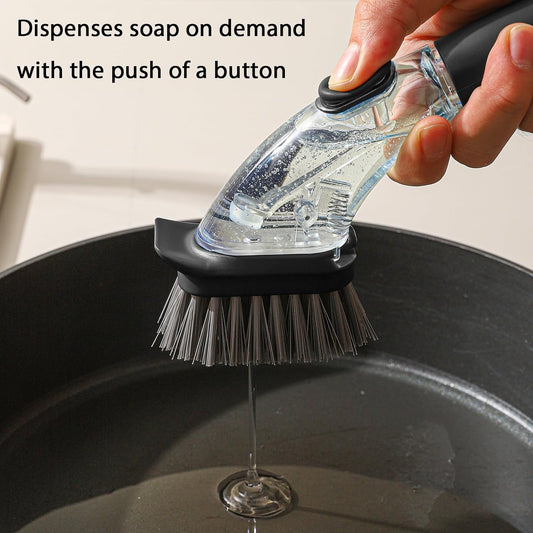 DAPOWER Soap Dispensing Dish Brush with Handle, Kitchen Scrub Brush for Dishes Pots Pans Sink Cleaning (Black)