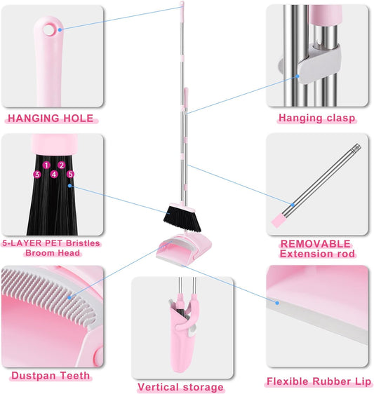 BSKLIN Broom and Dustpan Set, 52” Long Adjustable Handle Broom with Dustpan Combo Set with Dust Pan Teeth to Clean Hair for Home Lobby Office (Pink)