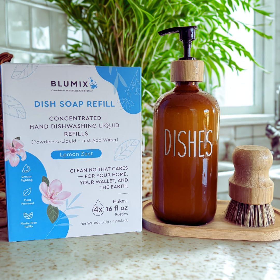 Dish Soap Refill Powder-to-Liquid Concentrate, Just Add Water, Lemon Scent, 4 Packets Make 4 x 16 fl oz Bottles, Grease-Fighting, Plastic-Free