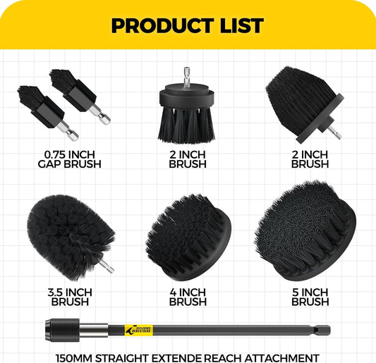Holikme 8 Piece Drill Brush Attachments Set, Power Scrubber with Extend Long Attachment,Cleaning Supplies for Bathtub, Shower, Grout, Tile(Yellow)
