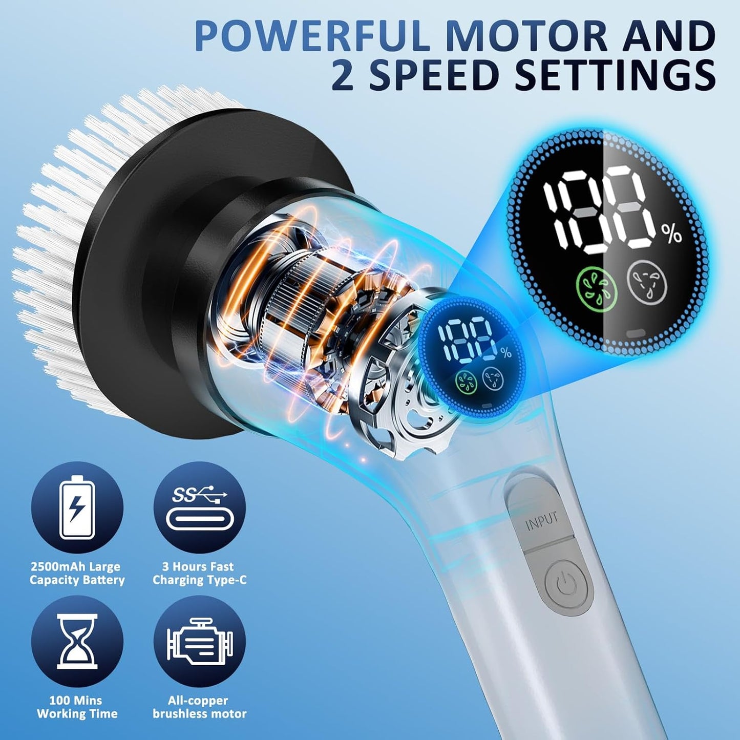 Electric Spin Scrubber Upgraded Battery with Extra-Long Runtime, IPX7 Waterproof Power Cleaner with 7 Brush Heads, 2 Speeds Adjustable Long Handle for Bathroom, Floor, Shower