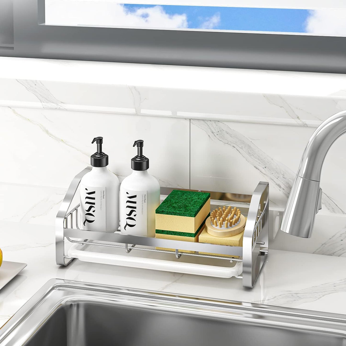 BSKSSK Sink Caddy, Sponge Holder for Kitchen Sink, Bathroom Sink Organizer, 304 Stainless Steel Kitchen Countertop Organizer Soap Tray with Removable Drain Tray-Black