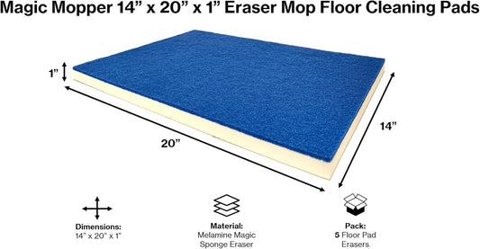 Eraser Mop Floor Cleaning Pads – 14″ x 20″ (5 Pack) | Commercial-Grade Melamine Sponge Mop Pads for Floors, Tile & Grout | Durable, Versatile for Deep Cleaning