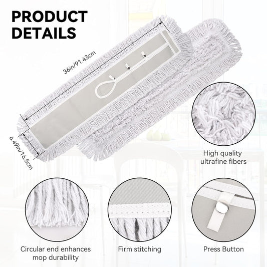 36 Inch Dust Mop Head: Replacement Medium Washable Commercial Mop Head Sweeper and Janitorial Replacement with Botton (White - 36 Inch, 3 Pack, Botton)