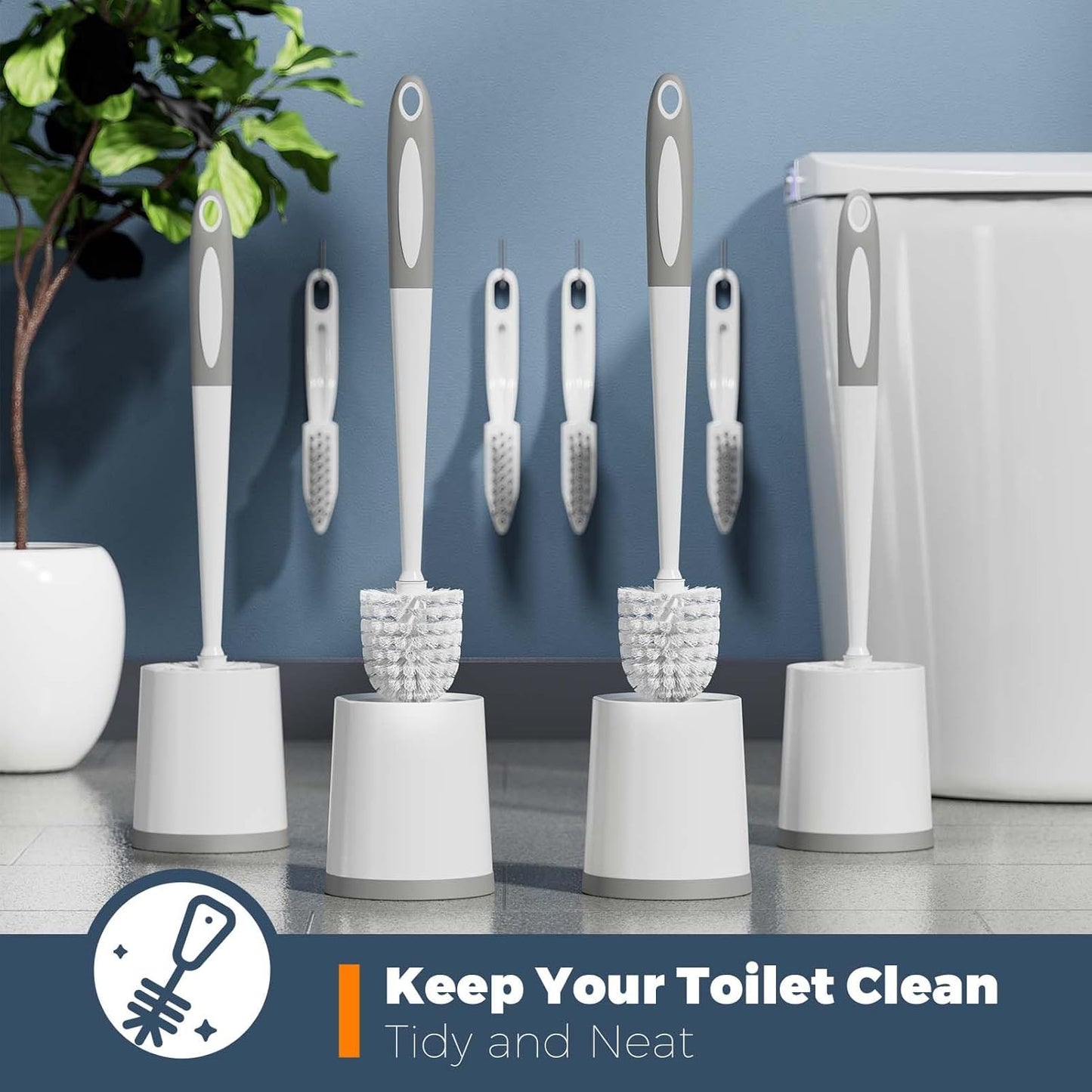 Holaloha Toilet Brush, 3 Pack Toilet Brushes for Bathroom with Holder, Bathroom Accessories Toilet Bowl Brush with 3 Clean Brush, Toilet Scrub Brush, Toilet Brush Set for Deep Cleaning, White