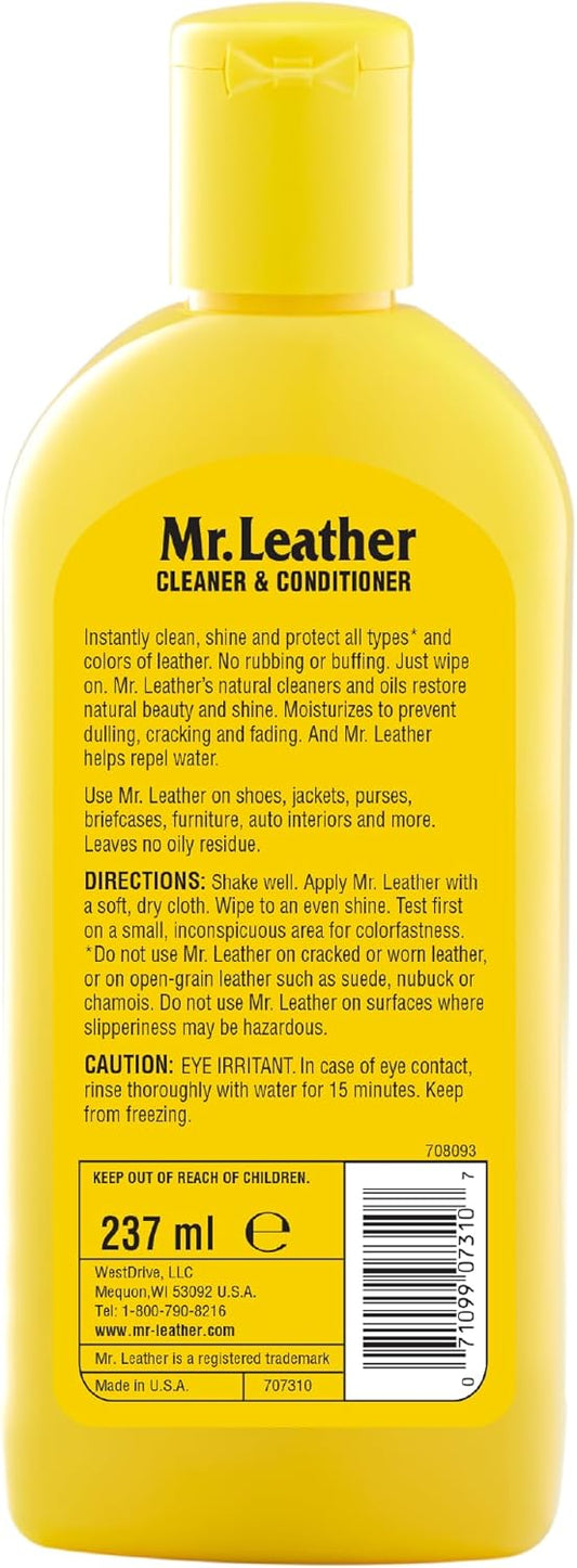 MR. LEATHER Cleaner and Conditioner (8 oz) - Restores & Protects All Leather with Natural Oils - Hydrating and Water-Repelling Cream for Couches, Car Interior, Shoes, and Bags