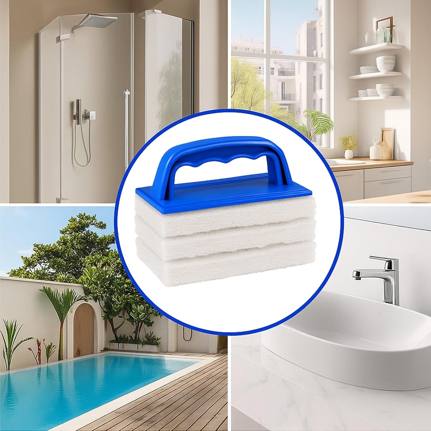 6 Pcs Hand Scrubber, Bathtub Scrubber with Handle, Non-Scratch Bathroom Scrubbing Pads for Cleaning Shower Tile Bathtube Sink Swimming Pool Step & Corner (Blue)
