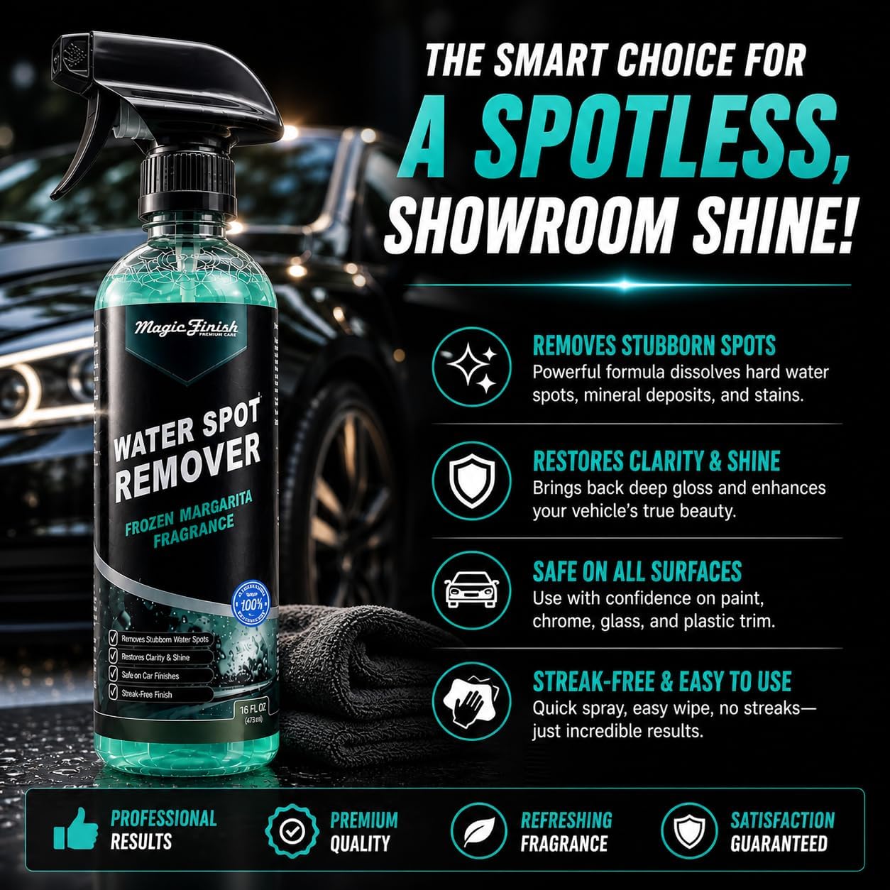 Magic Finish Water Spot Remover for Cars – Professional Hard Water Stain & Mineral Deposit Remover for Paint, Chrome & Wheels – Restores Shine & Gloss – Frozen Margarita Scent – 16oz