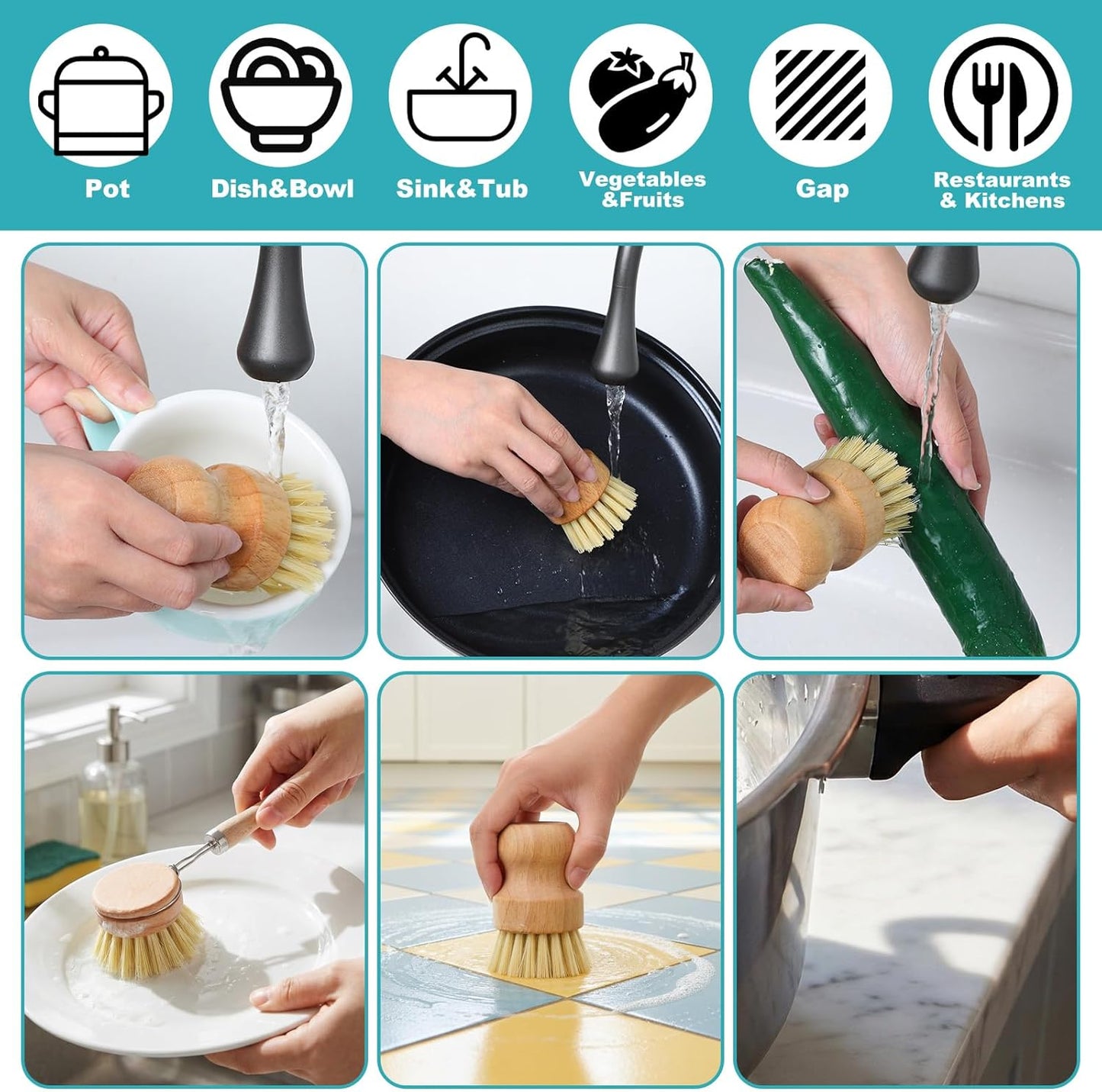 9 PCS Bamboo Dish Brush Set, Multifunctional Dishwashing Bamboo Scrub Brush with Natural Sisal Bristles, Wooden Dish Brush for Cleaning Pots, Pans, Dishes, Vegetables