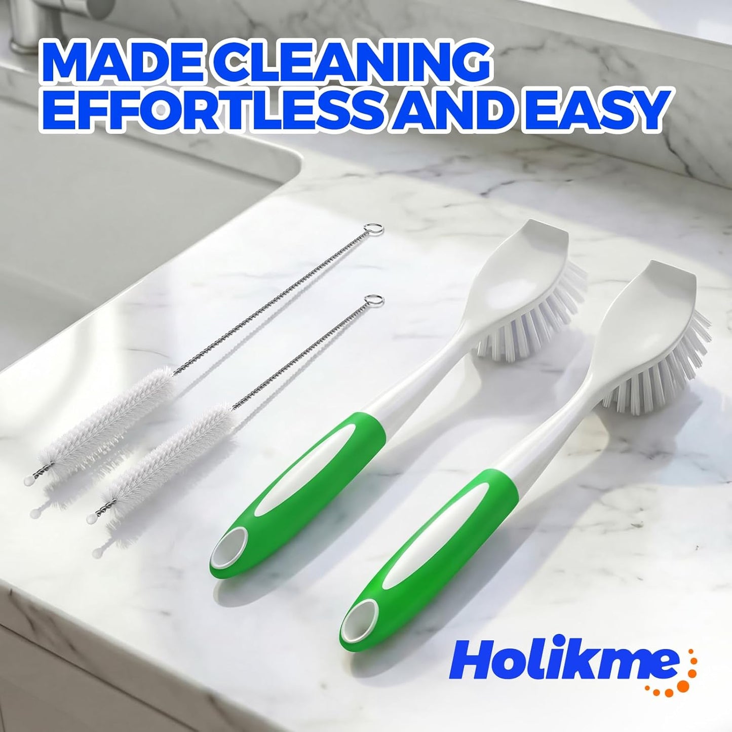 Holikme 4 Pack Dish Brush with Handle Set - 2 Pack Kitchen Dish Brush with Handle, 2 Straw Brushes, Deep Cleaning Dish Brush for Kitchen Sink Dishes, Pot and Pans, Green
