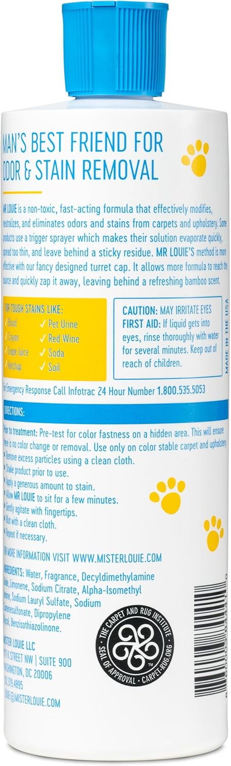 MR LOUIE Stain & Odor Remover for Carpet & Upholstery - Precision Pour No-Spray Cleaner Tough on Dog & Cat Urine, Vomit & Kid Stains with No Chemical Scent- Safe for Kids & Pets (16oz)