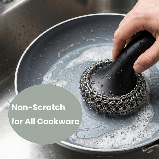 Cast Iron Scrubber with Long Handle | 316 Cast Iron Cleaner Chainmail Scrubber for Pan Skillet Cleaner - Dish Scouring Pad Dishwasher Safe Cleaning Kit (Blue, 1 Scrubber + 1 Scraper)