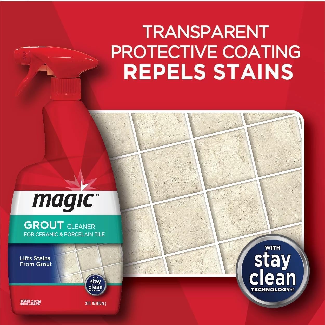 MAGIC Grout Cleaner for Tile Floors Bundle - Cleaning Solution for Ceramic & Porecelain Tile, Fast Acting Foam Formula Lifts Stains & Prevent Resoiling, Protective Barrier to Repel Dirt, 30 Fl Oz