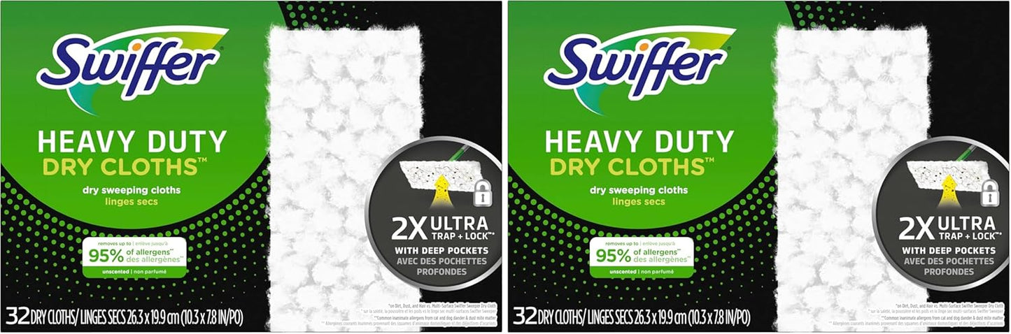 Swiffer Sweeper Heavy Duty Dry Multi-Surface Cloth Refills for Floor Sweeping and Cleaning, Unscented, 32 Count