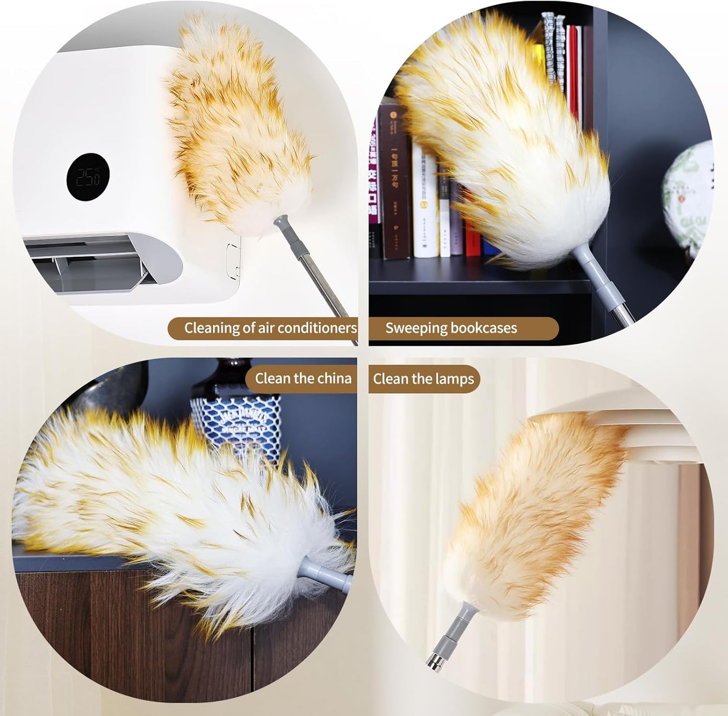 Lambswool Duster for Cleaning with Solid Wooden Handle Leather Hang Strap 87.8" Removable Retractable Feather Duster for Cleaning Ceiling Fans Window Blinds Interior Roof Furniture(2 Pack)