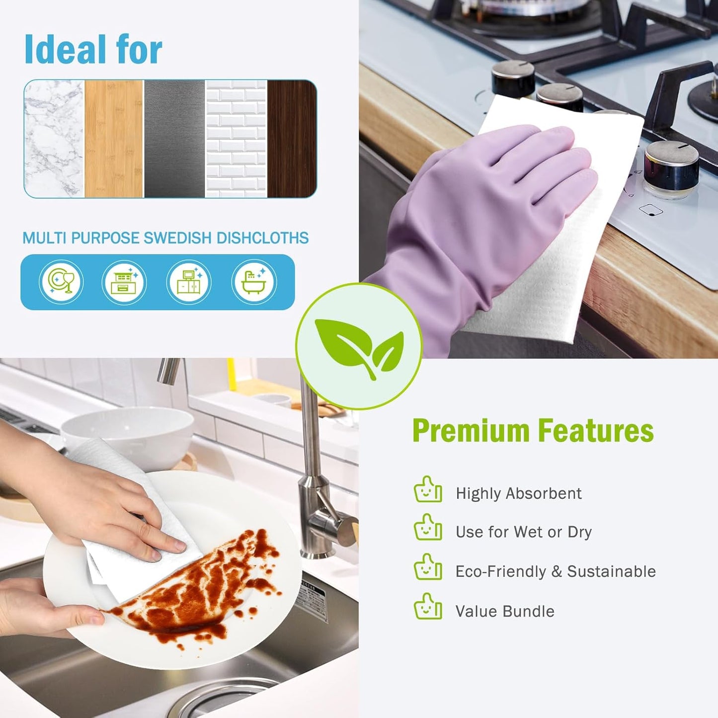AIDEA Swedish Dishcloths for Kitchen-10PK, Absorbent Sponge Dish Cloth, Dishcloths for Washing Dishes, Reusable Paper Towels Dish Cloths, Swedish Towels for Home, Kitchen, Glass, 7" x 6"