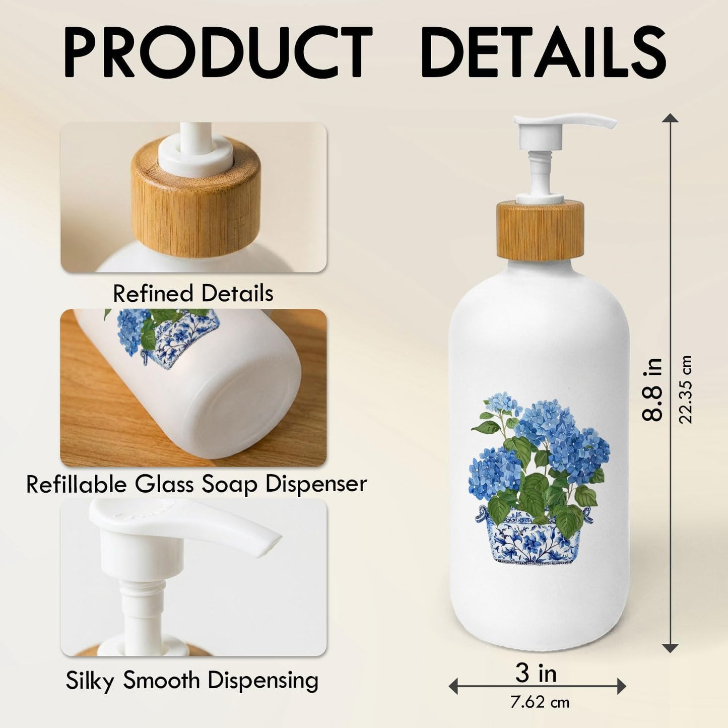 Chinoiserie Hydrangea Soap Dispenser, Blue and White Porcelain Floral Glass Dish Soap Dispenser for Kitchen, Grand Millenial Refillable Handsoap Pump Bottle for Bathroom Countertop