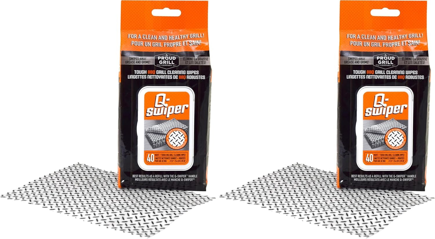 Proud Grill Q-Swiper Grill Cleaning Wipes - Bristle & Wire Free BBQ Cleaner, Heavy Duty Degreaser Wipes, Grease & Grime Remover for Outdoor Barbecue Grills, 40 Count, 1-Pack