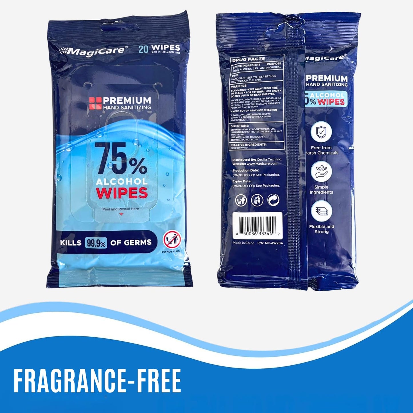 MagiCare 75% Travel Size Alcohol Wipes, Large (10, 20ct Packs, 200ct) - Hand Sanitizer Wipes, Unscented Hand Travel Wipe, Cleaning, Sanitizing - Wet Wipe to Go for Car, Bag, Purse, Airplane