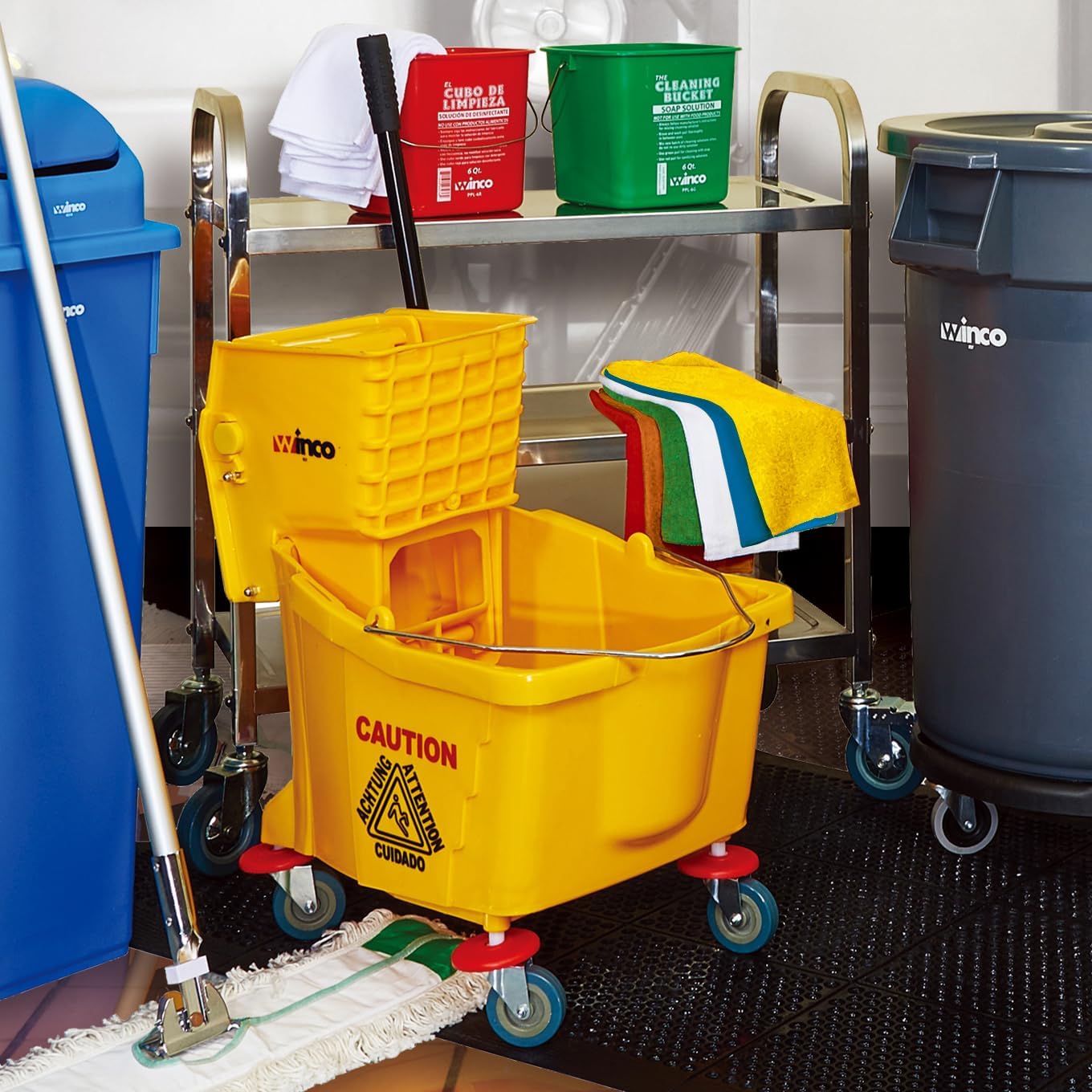 Winco Commercial Mop Bucket on Wheels, 26 Quart, Yellow