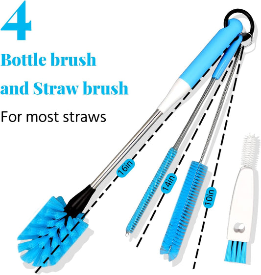 4-in-1 Bottle Brush, Long Handle Water Bottle Brush & Straw Cleaner Brush, Lid Brushe, for Cleaning Water Bottle, Flask, Wine Decanters, Coffee Mugs,Baby Bottles