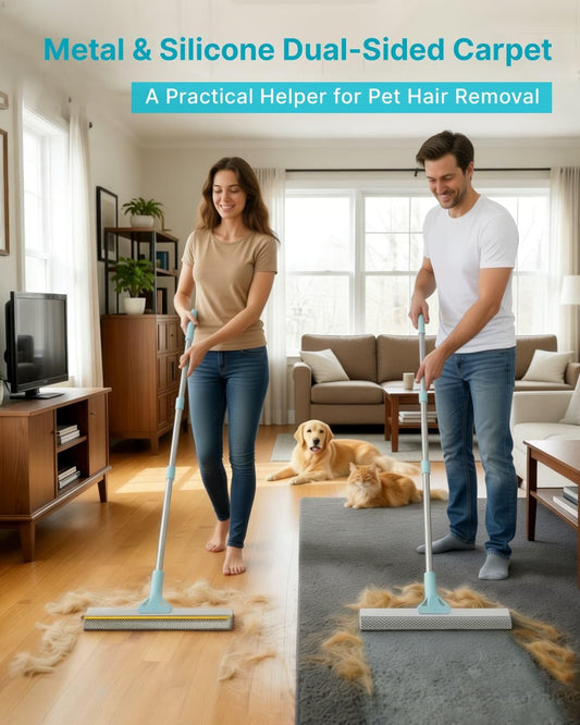 Carpet Rake for Pet Hair Removal, Upgraded Reusable Carpet Scraper Broom with 54” Adjustable Long Handle, Dual-Sided Metal & Silicone Brush, Cat & Dog Hair Remover Tool for Rugs, Mats, Stairs