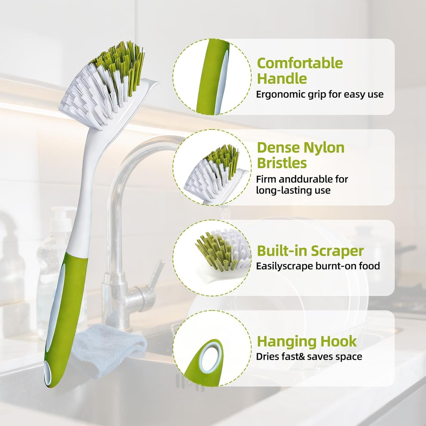 Dish Brush Scrub Brush with Handle - 3 Pack Stiff Bristles Dish Scrubber for Cleaning Dishes, Pots, Pans, Sink, Cast Iron - Hard Bristles,No Residue