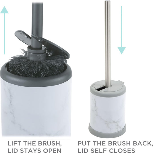 Bath Bliss Toilet Brush and Holder | Self Closing Lid | 360 Degree Brush Head | Bathroom Cleaning | Compact Size | Storage and Organization | Stainless Steel