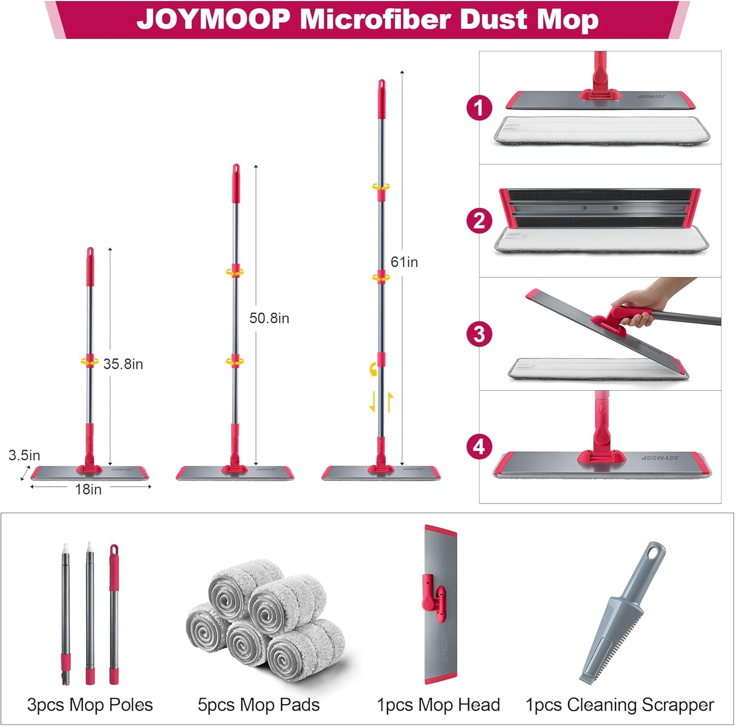 JOYMOOP 18 Inch Dust Mop for Hardwood Floors, Heavy Duty Industrial Wet Dry Mops with Telescopic Handle, Includes 5 Microfiber Mop Pads