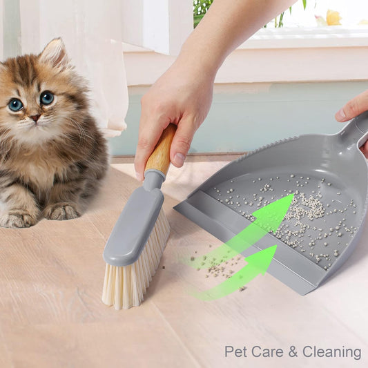 Small Dustpan and Brush Set - Mini Broom with Dustpan Set, Handheld Broom and Dust Pan Combo Set for Home, Pet Care, Car, 14 x 8.7 inch, Grey