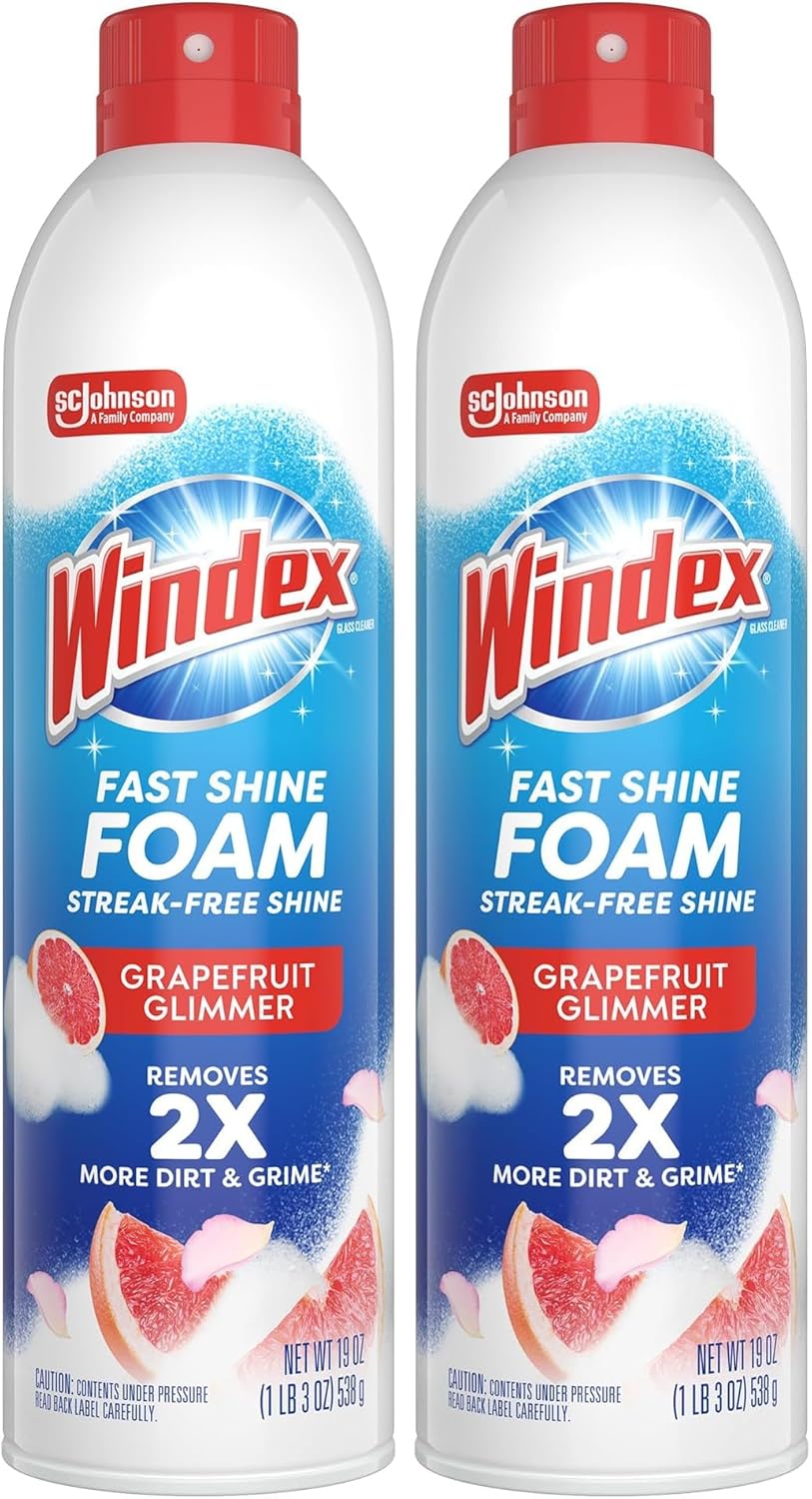 Windex Fast Shine Foam Glass Cleaner Supplies, No-Drip Window & Mirror Aerosol Spray, Streak-Free, Removes Fingerprints, Dust, Dirt & Smoke Film, Grapefruit Scent, 19 oz