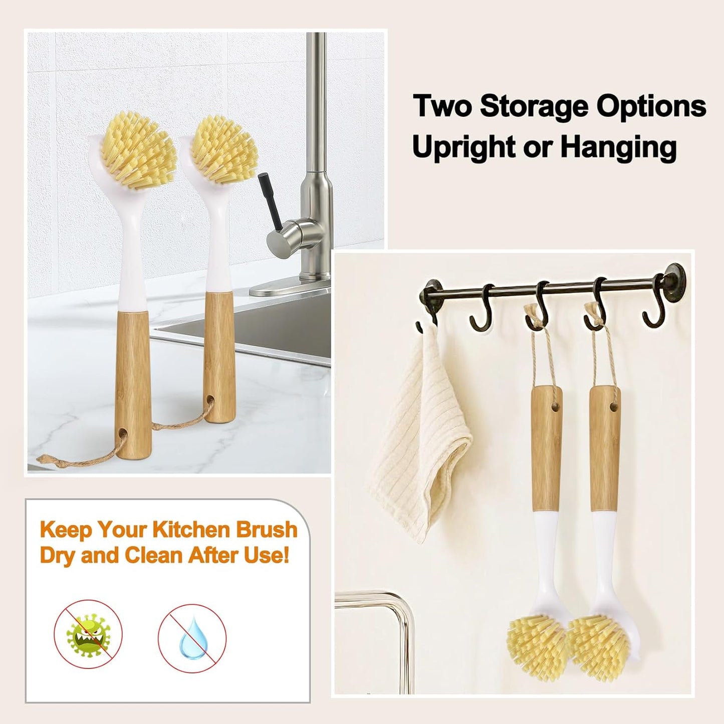 Dish Brush Set with Bamboo Handle, Kitchen Brushes for Cleaning Pot, Sink and Stove, Skillet Scrubber with Tough Bristles for Cast Iron Grill Pan, 2 Pack