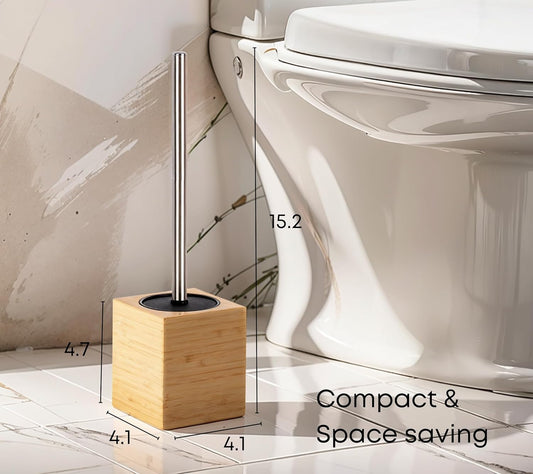 Clasin Home Toilet Bowl Brush Holder with Bamboo and Stainless Steel for Durable Use, Toilet Scrubber Brush with Long Handle for Easy Deep Cleaning, Compact Hidden Bathroom Toilet Cleaner Brush Set