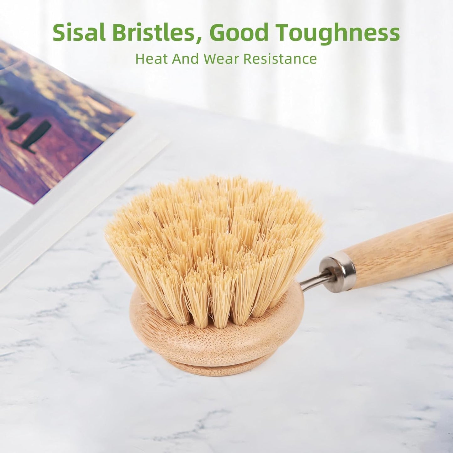 Bamboo Dish Brush with Handle - Soft Bristle, Non Toxic Dish Scrubber Compostable & Sustainable Bamboo Scrub Brush for Dishes, Pots and Pans