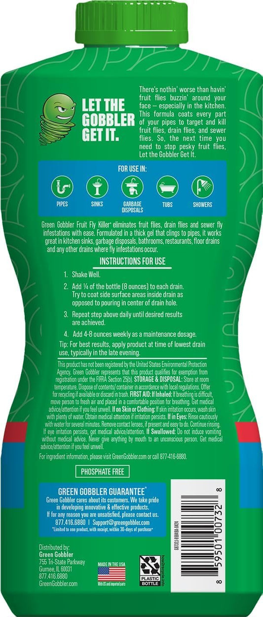 Green Gobbler Fruit Fly Killer+ - Kills Fruit Flies, Drain Flies & Sewer Flies, Gel Treatment for Use in Sinks & Pipes - Safe for Septic Systems, 32oz - Up to 8 USES (2 Pack)
