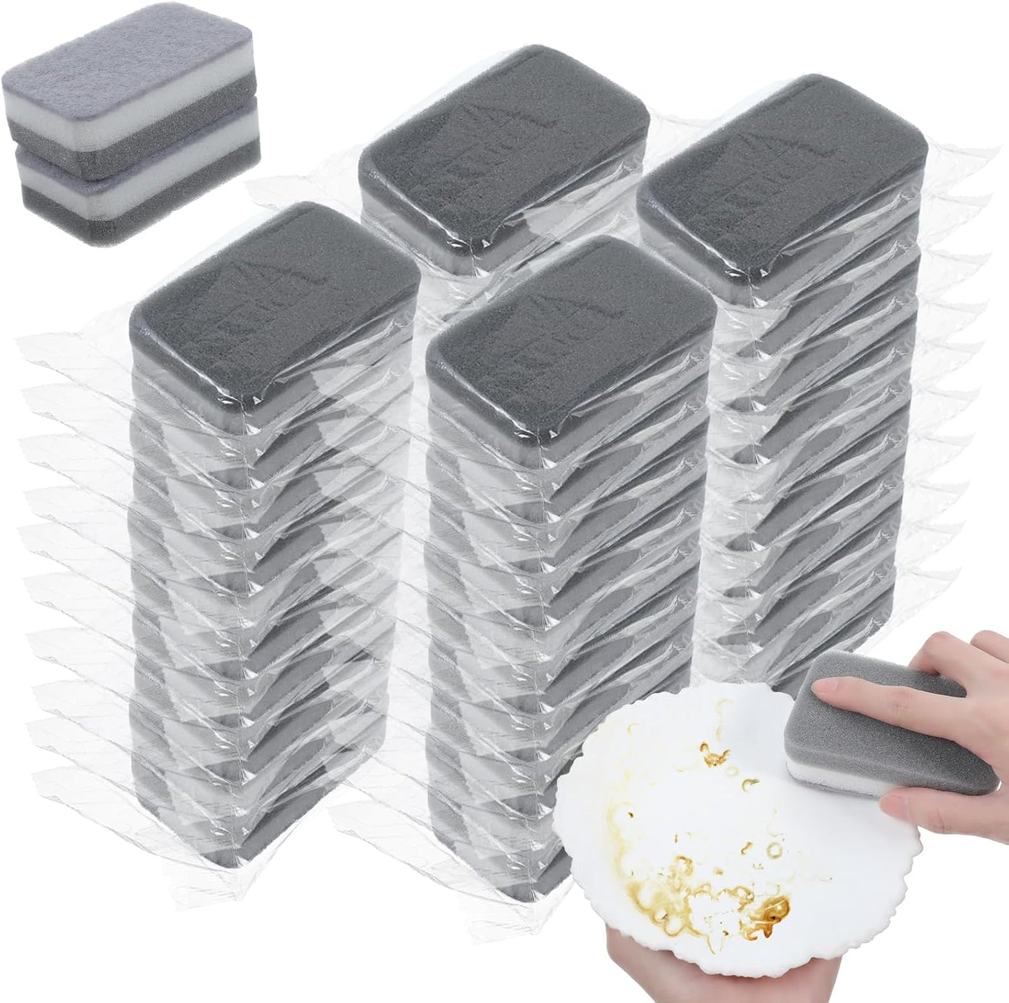 40 Pcs Kitchen Dishwashing Sponge Individually Wrapped Sponges, Bulk Non Scratch Scouring Pad Odor-Free Dish Sponges for Washing Dishes Wipes for Household Cleaning Dishes Travel Apartments, Grey