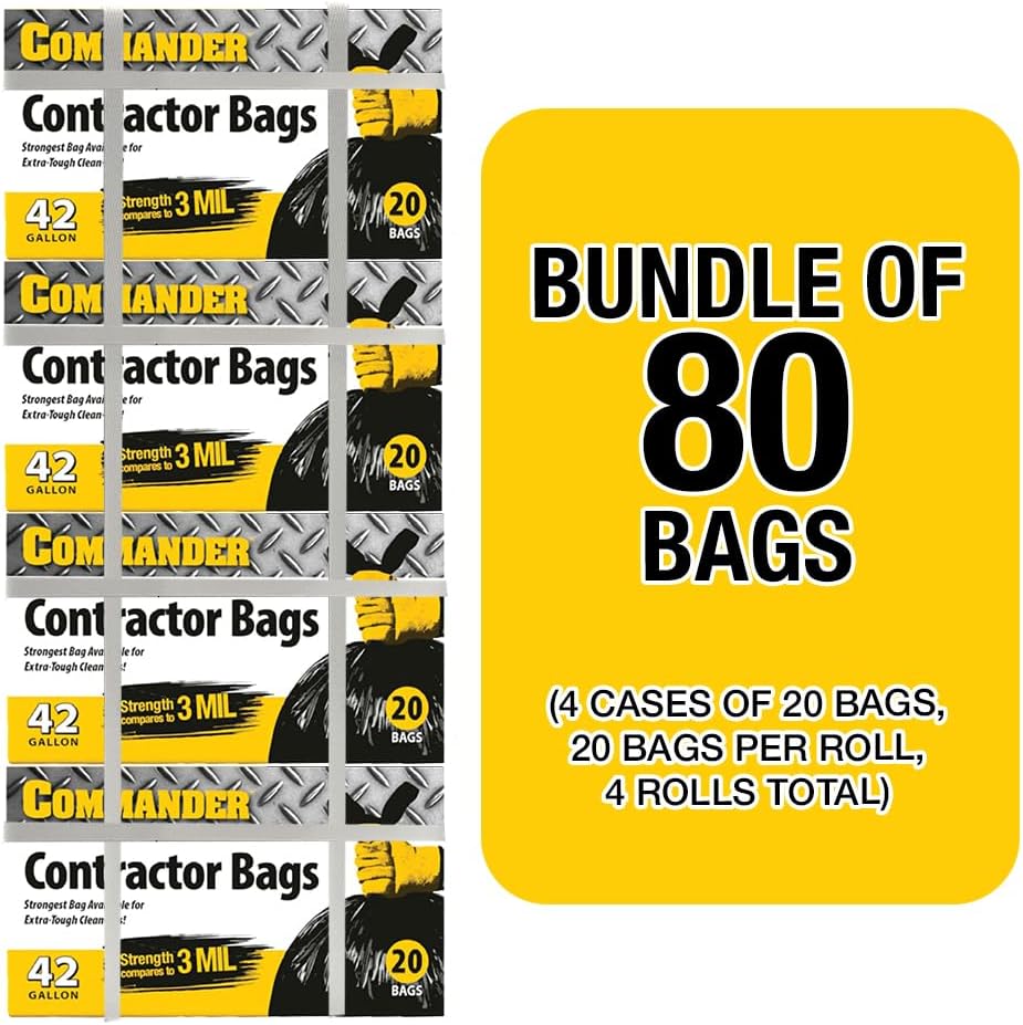 Commander 42 Gallon 2.5 MIL Black Heavy Duty Garbage Trash Bags - 32" x 46" - Pack of 20 - For Contractor, Industrial, Institutional, & Commercial