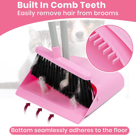 REEWII Pink Broom and Dustpan Set,58” Long Adjustable Handle Small Broom with Stand up Dustpan Combo Set with Dust Pan Teeth,for Indoor Home Office Floor Cleaning