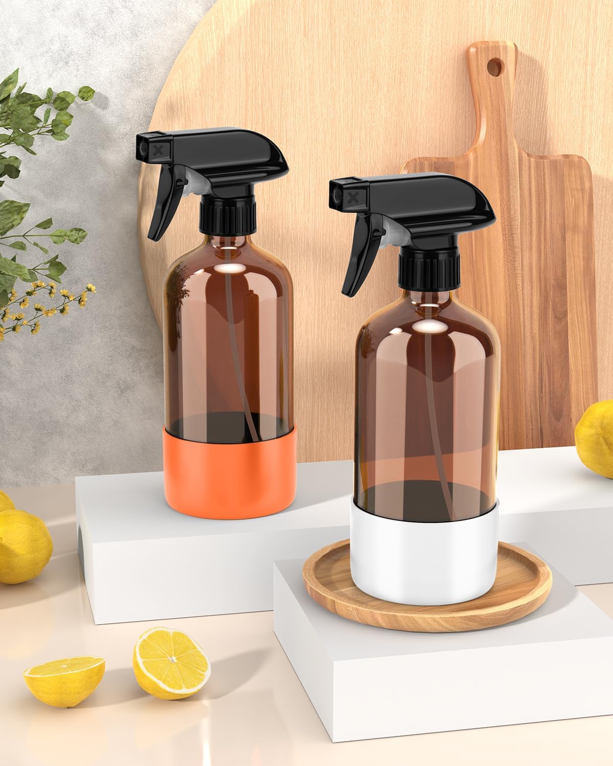 Bontip Glass Spray Bottle with Silicone Sleeve Protection, Amber Glass Spray Bottle Set for Window Cleaner Aromatherapy Facial Hydration Watering Flowers Hair Care 2 Pack/16 oz (Black & Brown)