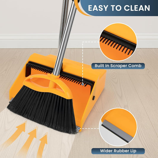 REEWII Large Broom and Dustpan Set,Long Handle Upright Dust Pan Outdoor Indoor for Courtyards, Garages, Lobbies, Shopping Malls, Market Floors, Sidewalks, Classroom Floor Cleaning