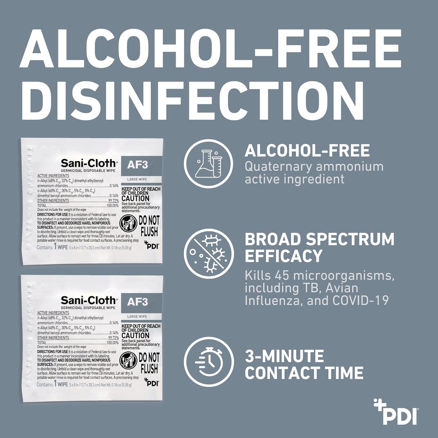 Sani-Cloth AF3 Large 5" x 8" Individual Packets, Alcohol and Fragrance Free Surface Disinfection, 1 Box of 50 Packets
