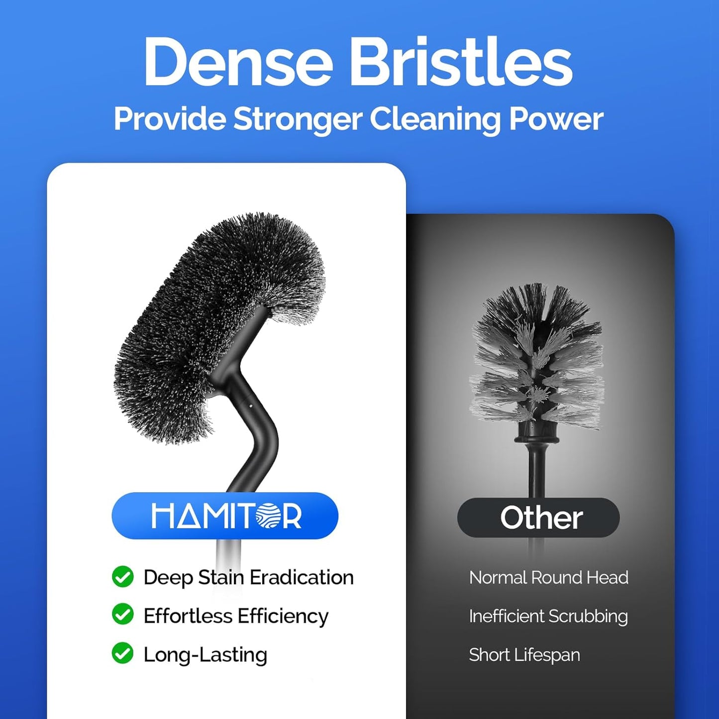 HAMITOR Toilet Brush and Holder Set: 304 Stainless Steel Heavy Duty Bowl Cleaner Brush - Deep Cleaning Under Rim Curved Bristle - Space Saving Wall-Mounted for Home RV Bathroom Accessories Silver