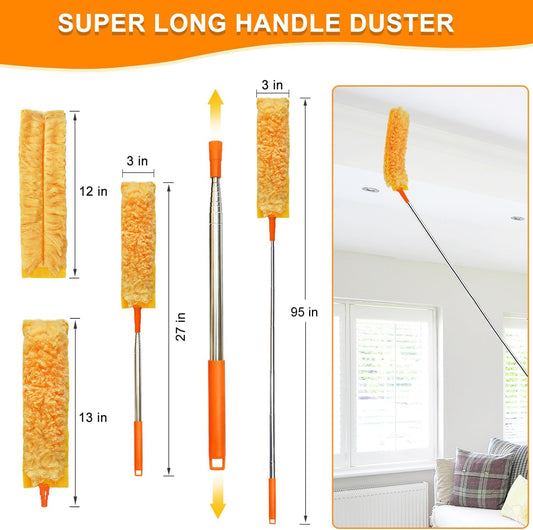 100" Reachable Microfiber Feather Duster, Duster with Extension Pole, 3 pcs Replacement Duster Head, Cleaning Tools for High Ceilings and Fans, Blinds, Cars and Furniture