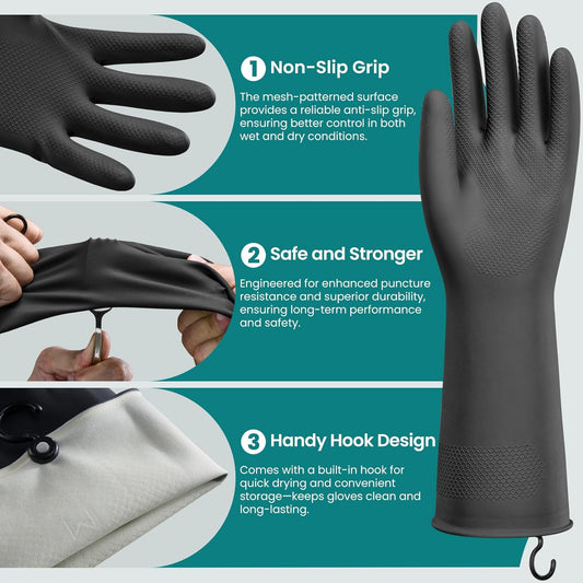 4 Pairs Rubber Dishwashing Gloves with Hanging Hooks - Reusable Cleaning Gloves for Kitchen & Household, Non-Slip, Durable and Flexible (Medium, 4 Colors)