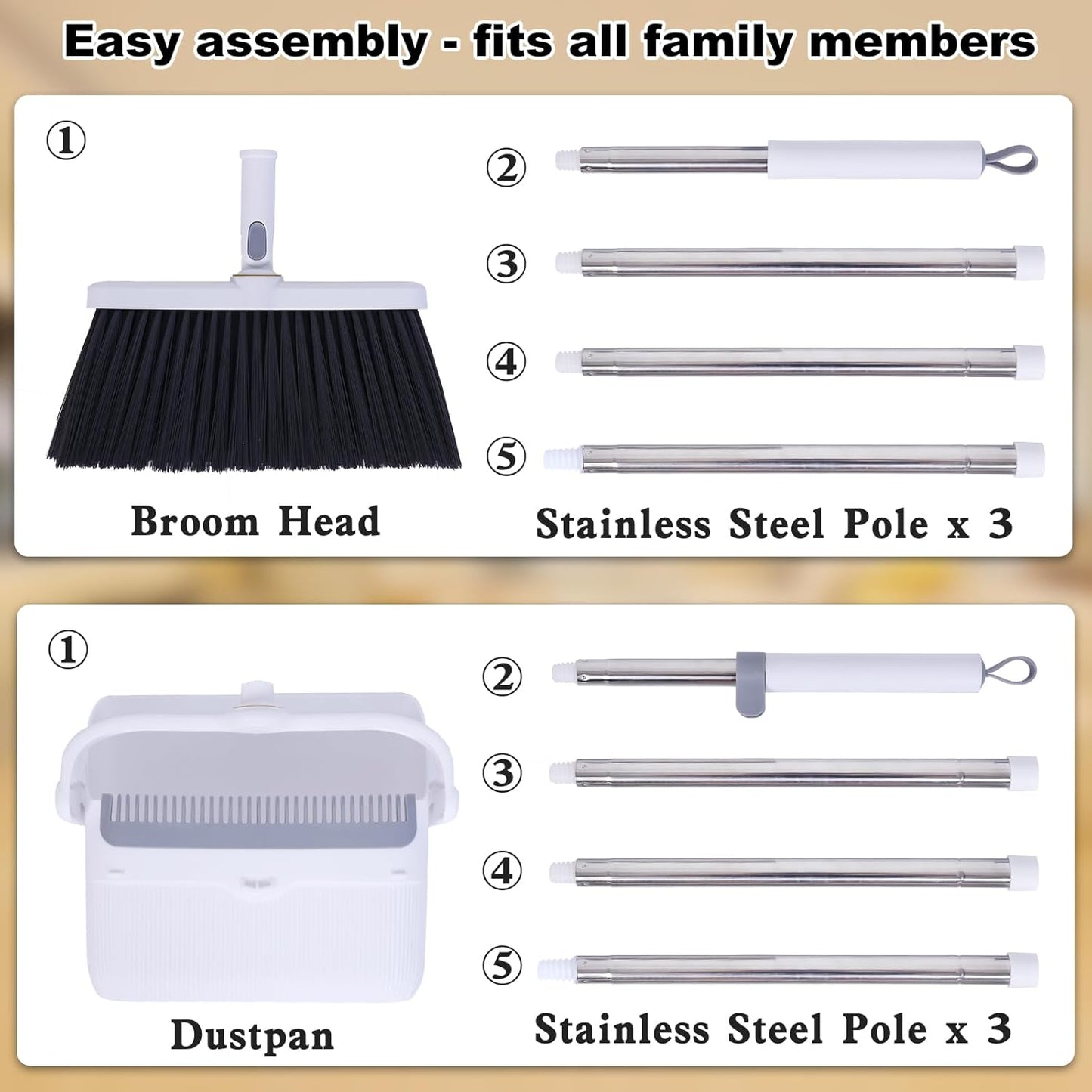 Heavy Duty Broom and Standing Dustpan Combo Set, Rotatable Head Dust Pan and Brush Set with Collapsible Handle, Cleaning Teeth, Hanging Loop, Ideal for Pets, RV, Kitchen, Camping, Outdoor Floor, White